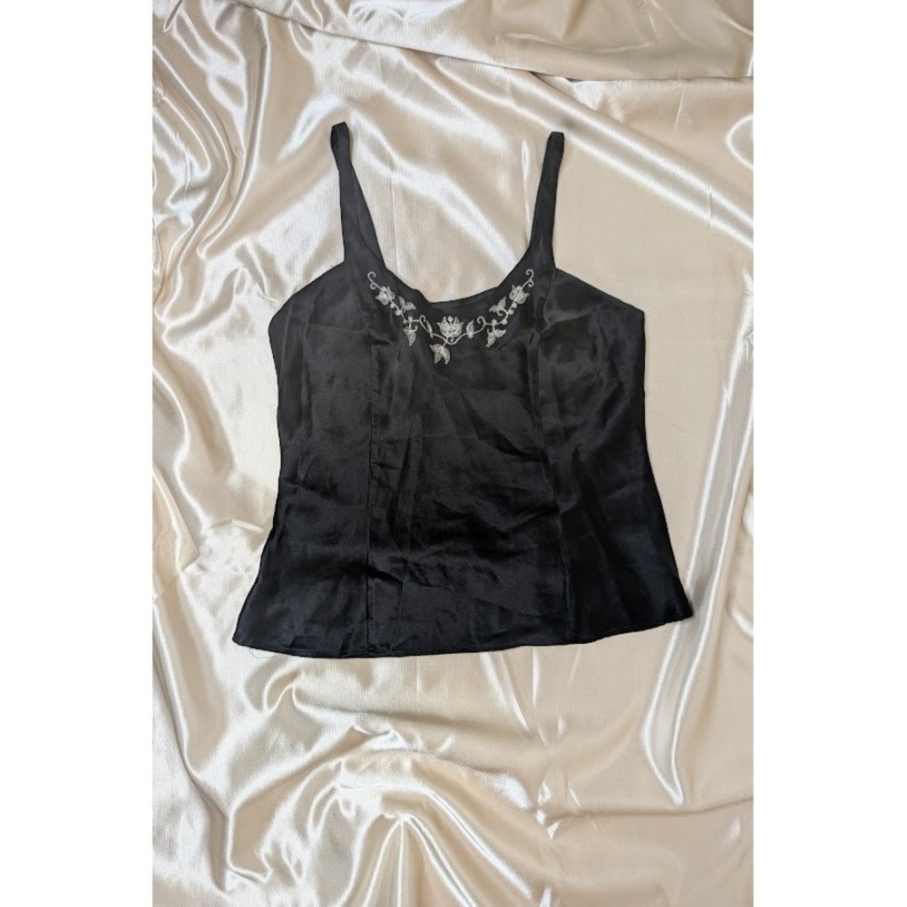vintage 90s victoria's secret heart label 100% silk cami XS black embroidered